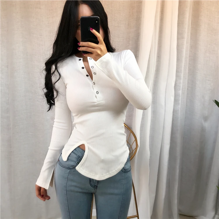 Новинка 2020 однотонная женская футболка с передними пуговицами и круглым вырезом