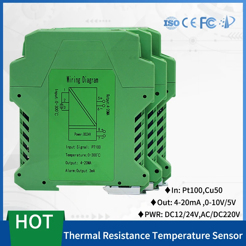 

PT100 Cu50 Type RTD -200 to 850°C input Temperature Transmitter 4-20mA 0-10v 0-5v Output Isolated Temperature Transducer