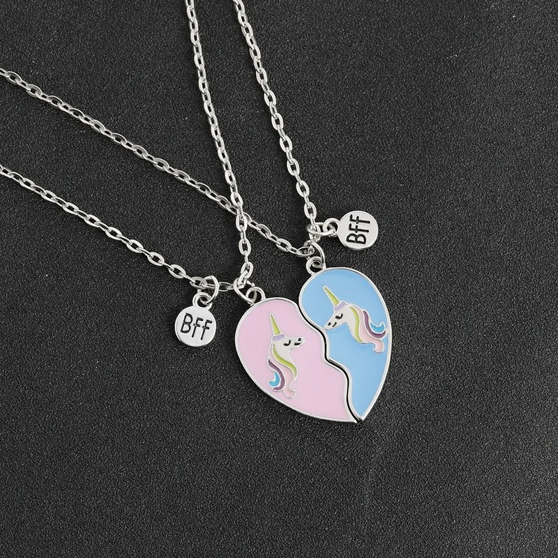 

2 Piece Set of Best Friend BFF Broken Heart with Unicorn Pattern Stitching Pendant Chain Friendship Clavicle Necklace