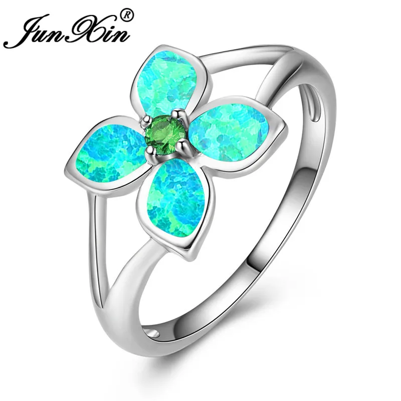 Очарование завод цветок кольцо из белого золота цвет радуги зеленый сине-белые