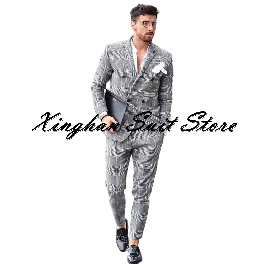 

Newest Men Suits Tailor-Made 2 Piece Gray Stripes Notch Lapel Double Breasted Wedding Groom Design Handsome Formal Business Wear