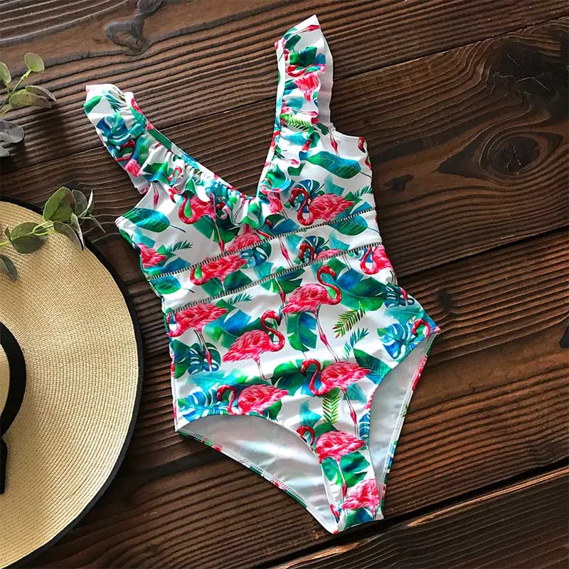 Flamingo2 Новинка, сексуальный цельный купальник с пуш-ап, женская одежда для плавания, монокини, боди, купальник с листьями, женские купальники, летняя пляжная одежда - Цвет: Flamingo2