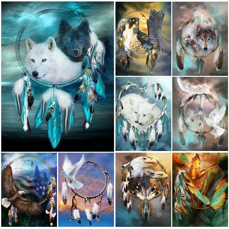 Алмазная 5D картина своими руками полная выкладка Ловец снов волк вышивка