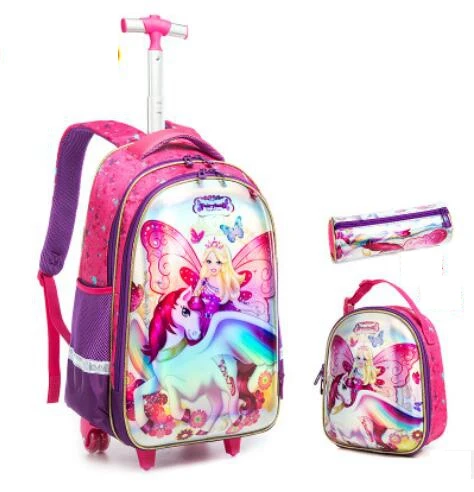 Детский Школьный рюкзак на колесиках с 3D рисунком, комплект школьных сумок на колесиках для девочек, детский школьный ранец на колесиках