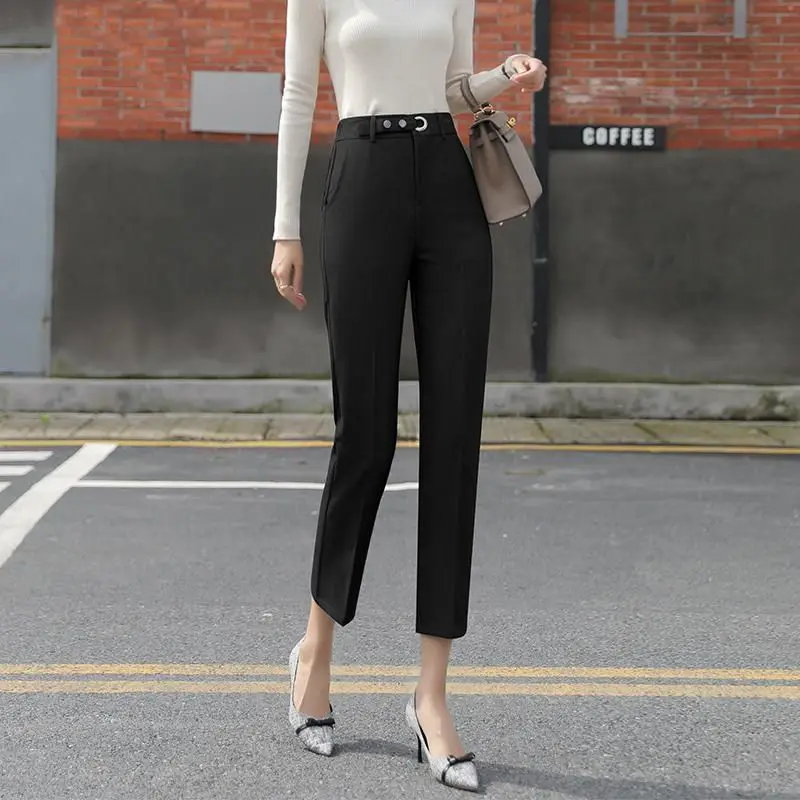 

2021 New Womens Casual Pants Loose Style Straight Suit Pants High Waist Chic Office Ladies Pants OL Nine Points Pants Y527