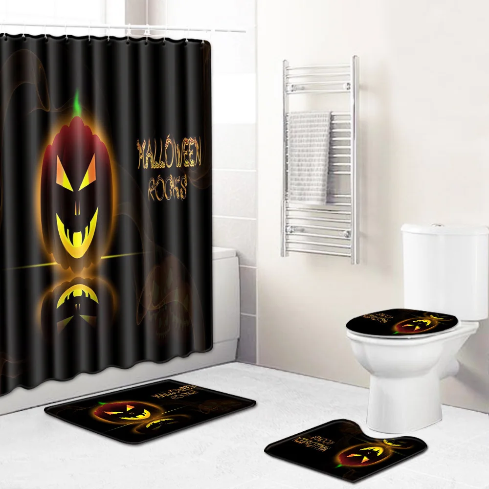 

Zeegle Halloween Bath Mat and Shower Curtain Set Non-slip Bathroom Carpet Toilet Rug Absorbent Foot Mat Washable Bath Mat Set