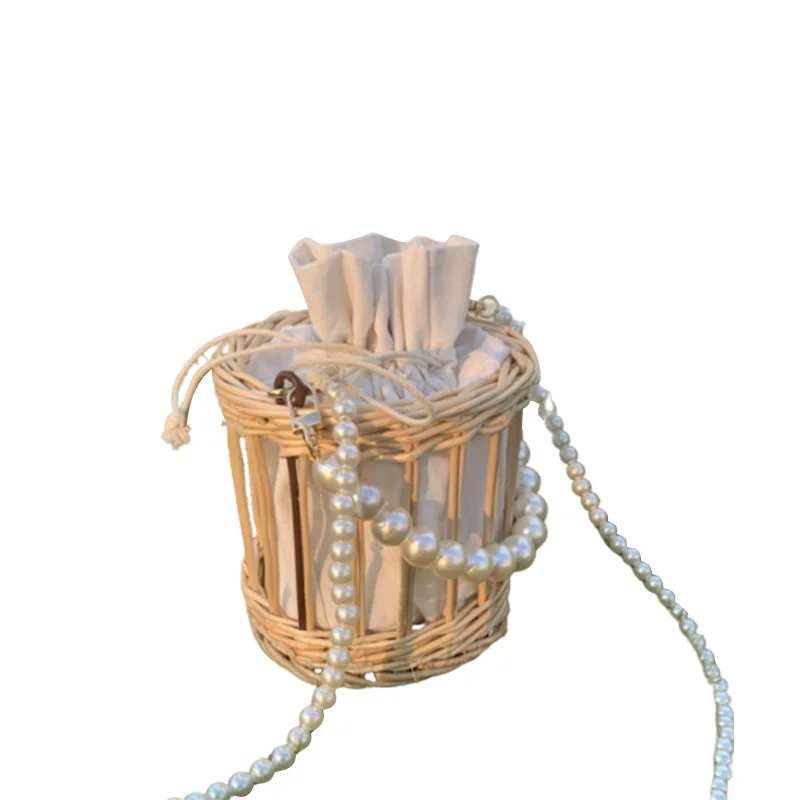 

Fashion Rattan Pearls Chain Women Shoulder Crossbody Bags Wicker Woven Beading Handbags Handmade Summer Beach Straw Bucket Bag
