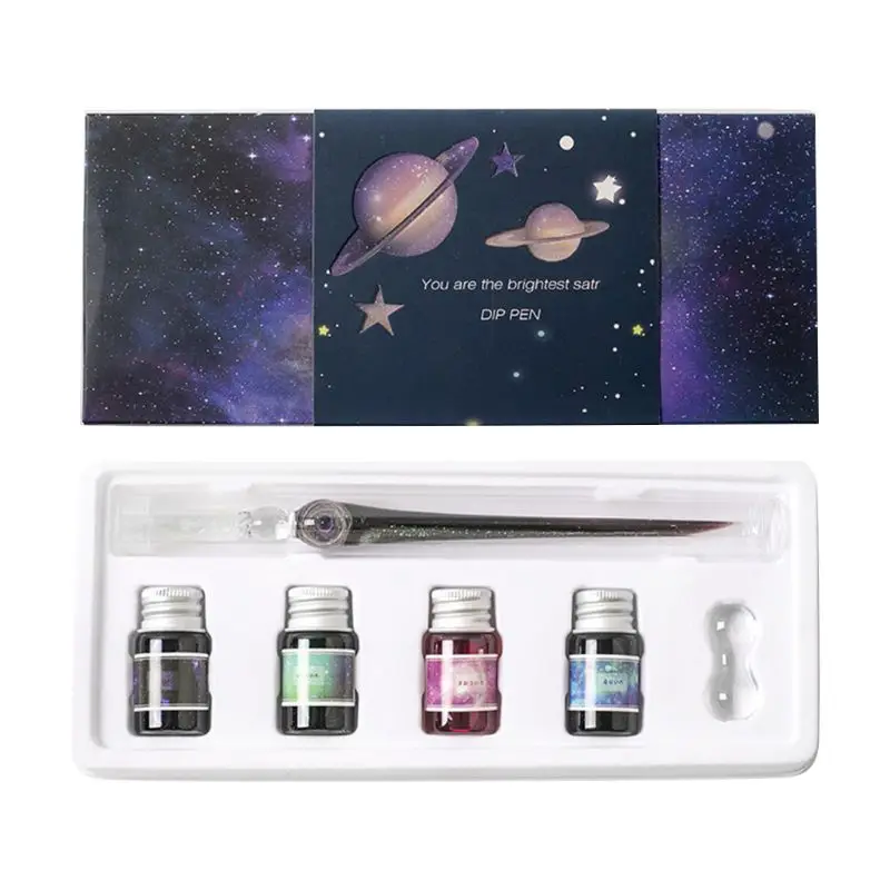 

W3JD 1Set Planet Theme Dip Pen 4 Color Ink Kit Glass Pen Painting Pen Student Stationery Writing Supplies Gifts