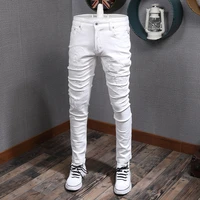 newly designer fashion men jeans white color elastic slim fit ripped denim pants homme korean style hip hop casual long trousers