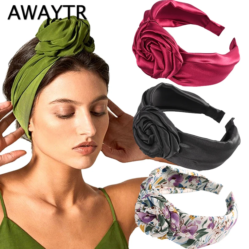 

AWAYTR цветочный ободок с розами для женщин Узелок тюрбан с принтом однотонная широкая завязанная повязка на волосы бандана обруч для волос же...