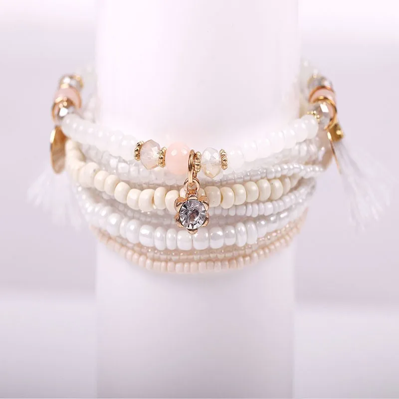 Богемные Многослойные конфетные цвета Кристалл бисер кисточка Charm Браслеты &amp