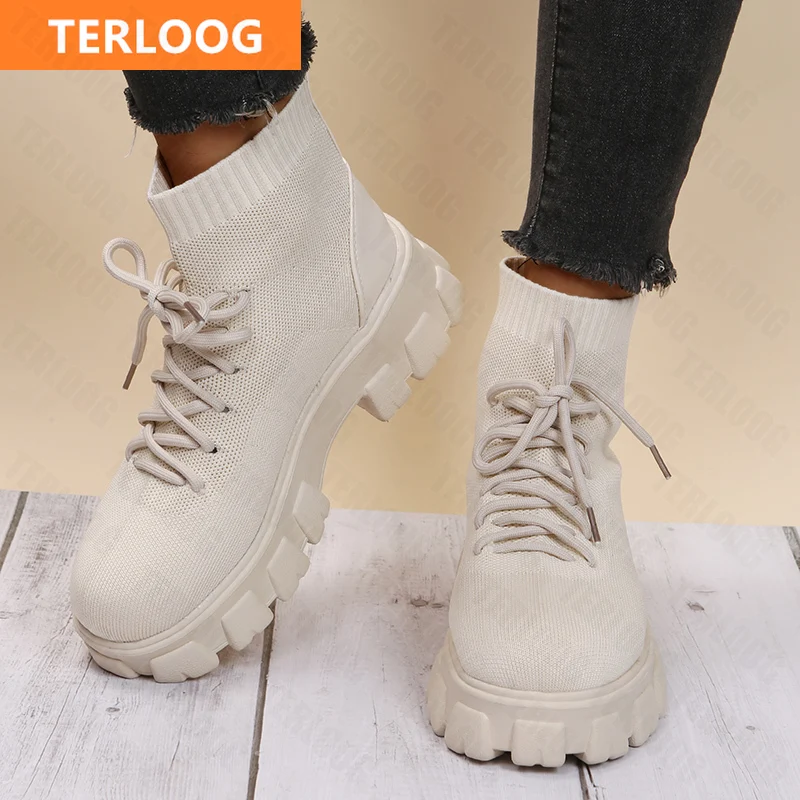 

Женские ботильоны на платформе и высоком каблуке, зимние вязаные ботинки до щиколотки, 2022