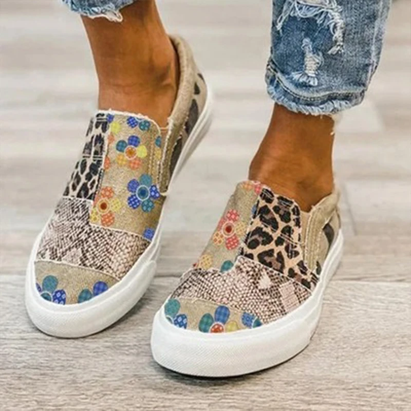 

Miaoguan Summer Women Casual Shoes New Patchwork Comfortable Flat Female Canvas Slip On Shoes Fashion Leopard Print Lady Loafers