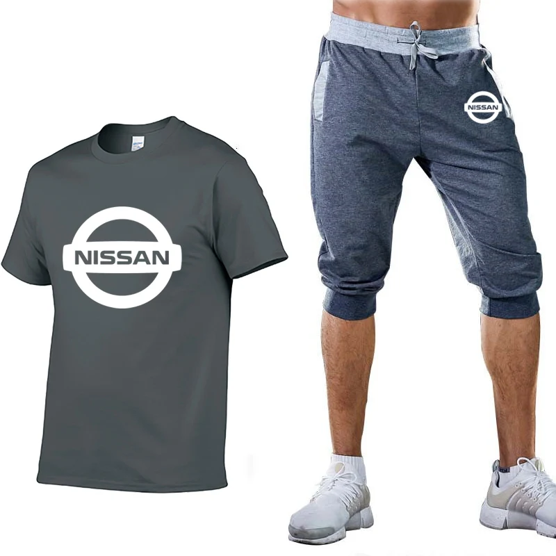 

Summer Men's Suit Nissan Car Logo Cotton Mens T-Shirt suits Mens Simple atmosphere Crew neck T-Shirt Pants Suit 2Pcs