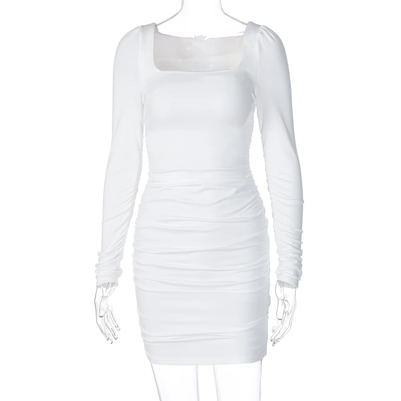 

Dulzura Ruched Solid Women Long Sleeve Mini Dress Bodycon Sexy Party Elegant Streetwear 2020 Autumn Winter Club White Clothes