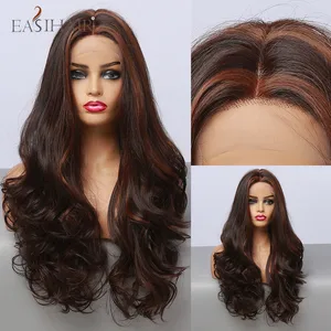 EASIHAIR Black Brown Lace Front Synthetic Wigs Long Wavy Middle Part Cosplay Golden Highlight Hair Wig for Women Heat Resistant EASIHAIR Black Brown Lace Front Synthetic Wigs Long Wavy Middle Part Cosplay Golden Highlight Hair Wig for Women Heat Resistant