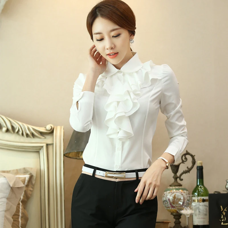 Женская шифоновая рубашка с длинным рукавом белая или синяя офисная блузка