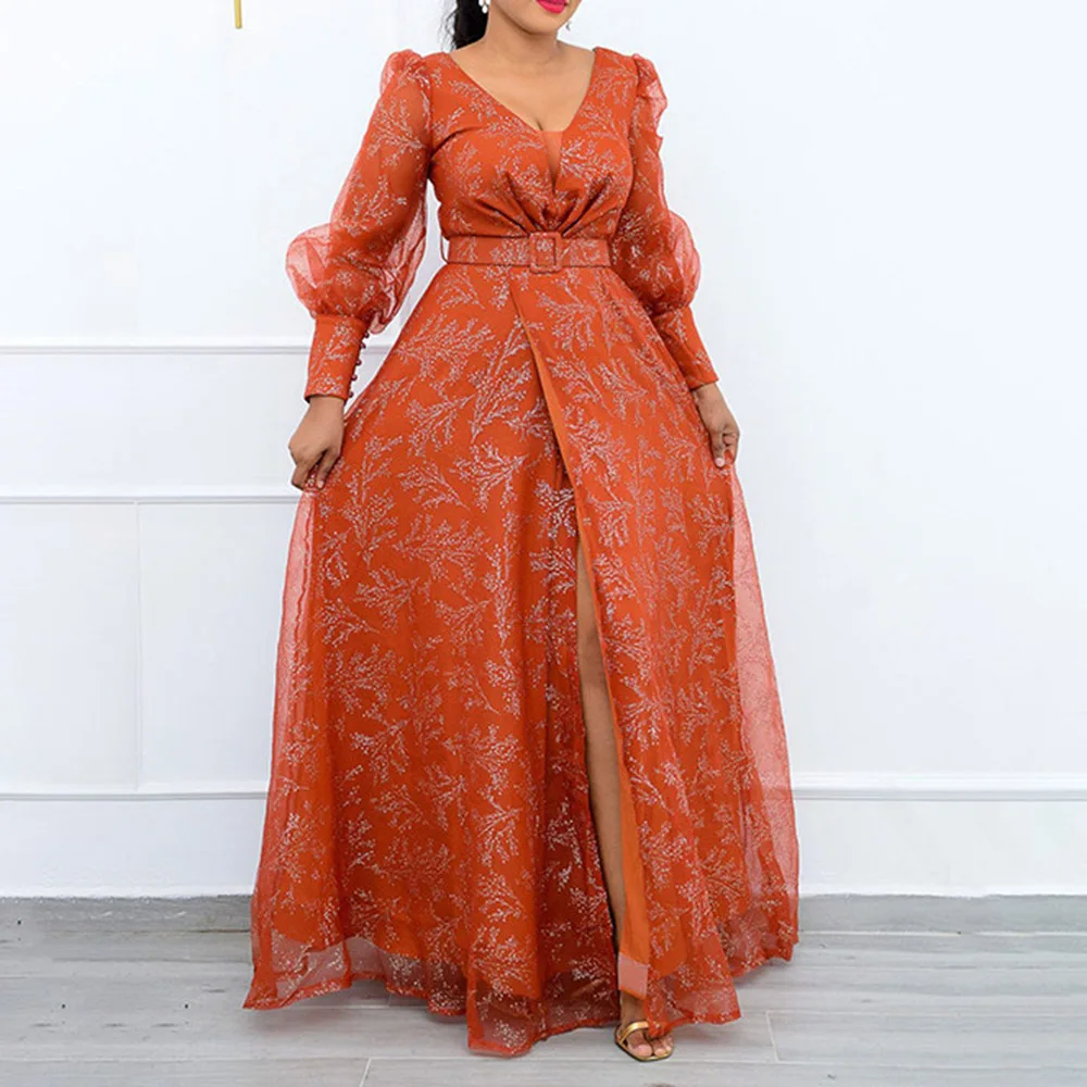 Elegant Maxi Dresses Women With Belt Fashion Print Floral V-Neck Long Sleeves 2022 Spring Floor-Length A-Line Long Dress  - buy with discount