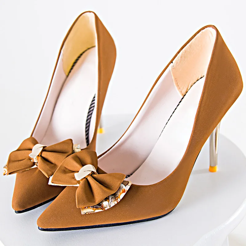 

Shallow Mouth Beige High Heels Bow Shoes Lace-Up Pointed Pumps Sexy Sandals Slip On 2021 Clogs for Women 12cm Metalic Gold Fine