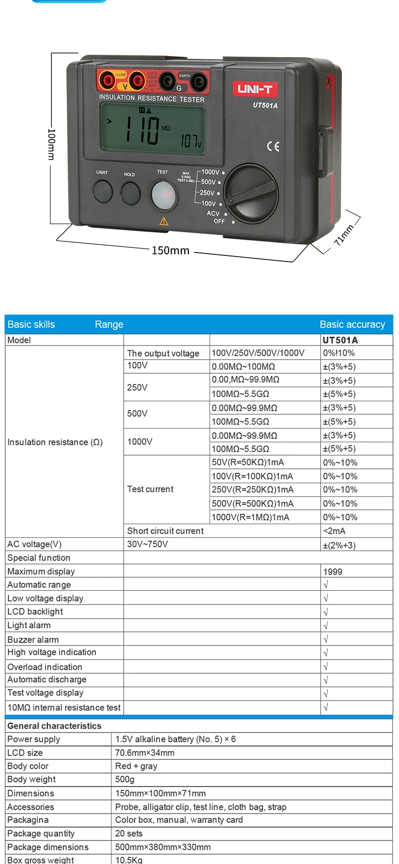 UNI-T UT501A тестер сопротивления изоляции 100V-1000V мегомметром Измеритель сопротивления заземления Мегаомметр 30~ 750 В вольтметр переменного тока