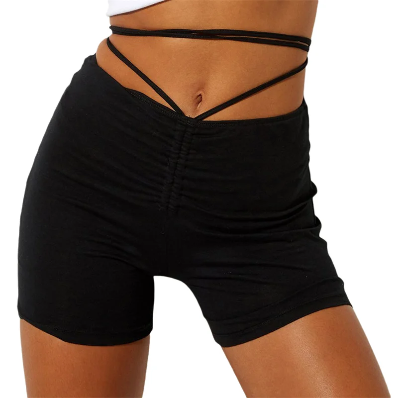

2021 Summer Fashion Female Elastic Shorts Women Solid Color High Waist Short Skinny Pants with Drawstring For Streetwear