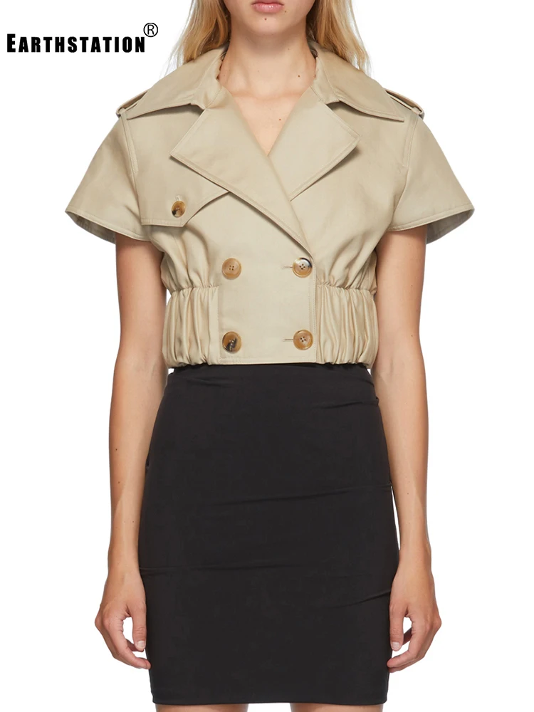 Женский короткий топ с отложным воротником двубортный тонкий пиджак поясом на