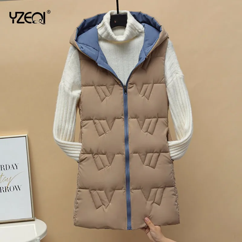 

Yzeqi пуховой жилет с хлопковой подкладкой Женская осенне-зимняя куртка средней длины без рукавов модная Свободная Повседневная Толстая безрукавка жилет куртка