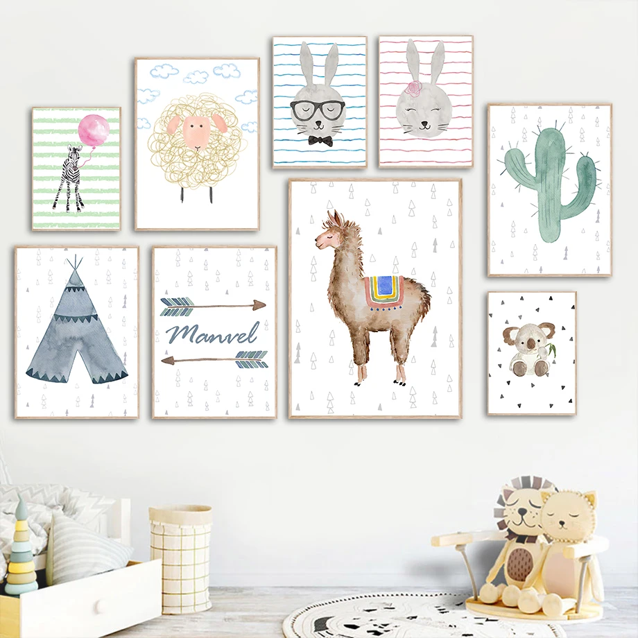 

Kawaii Koala Sheep Rabbit Alpaca Cactus Wall Art Canvas Painting Nordic Posters And Prints Cartoon Wall Pictures Kids Room Decor