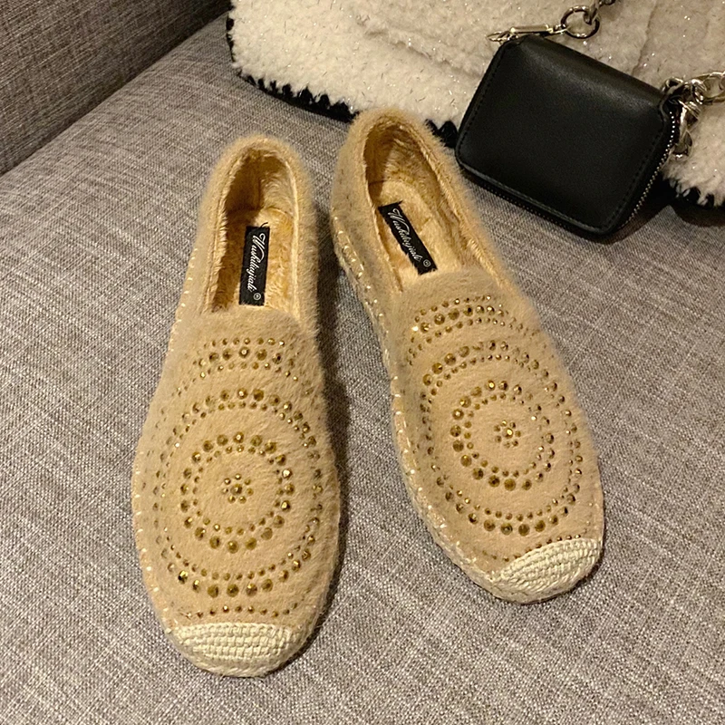 91Beige Fashion Hemp Loafers Women Espadrilles Flats Shoes Sewing Rhinestone Round Toe Ladies Casual Moccasins Slip On Brand Style New - Цвет: 91Beige