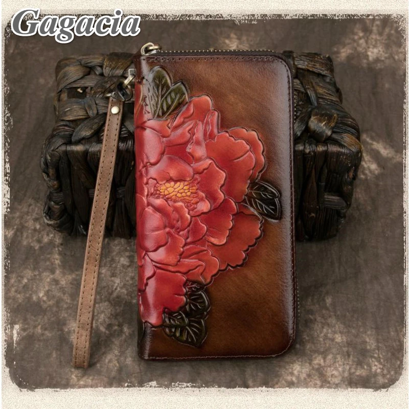 GAGACIA China Style Floral Wallet Genuine Leather Luxury Wallets Women Card Holder Phone Purse Vintage Clutch Carteira Feminina