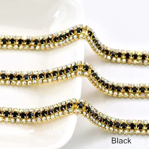 Black 3 ряда 1 ярд стразы Кубок цепи с золотой коготь красочные Стекло Strass Rhinetones обрезки Швейные Ремесло украшения Y2286 - Цвет: Black