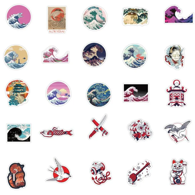 Ukiyo-e Wave-pegatinas de dibujos animados para ordenador port&aacute;til, grafiti, equipaje, impermeable, sin adhesivo, 10/30 / 50 Uds., Jap&oacute;n, venta al por mayor-4