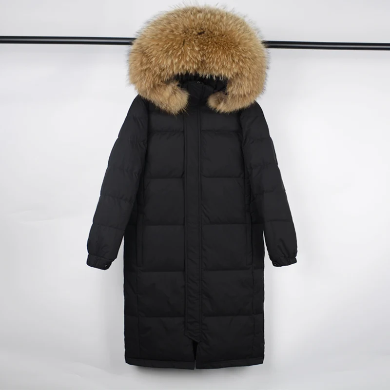 Women's Winter 90% Duck Down Down Jacket Large Real Fur Collar Women Loose Thick Long Down Coat 