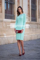 Short Mother Of The Bride Dresses Mint Green Knee Length Long Sleeves Drapped Buttons at Back Formal Wedding Guest Party Wear