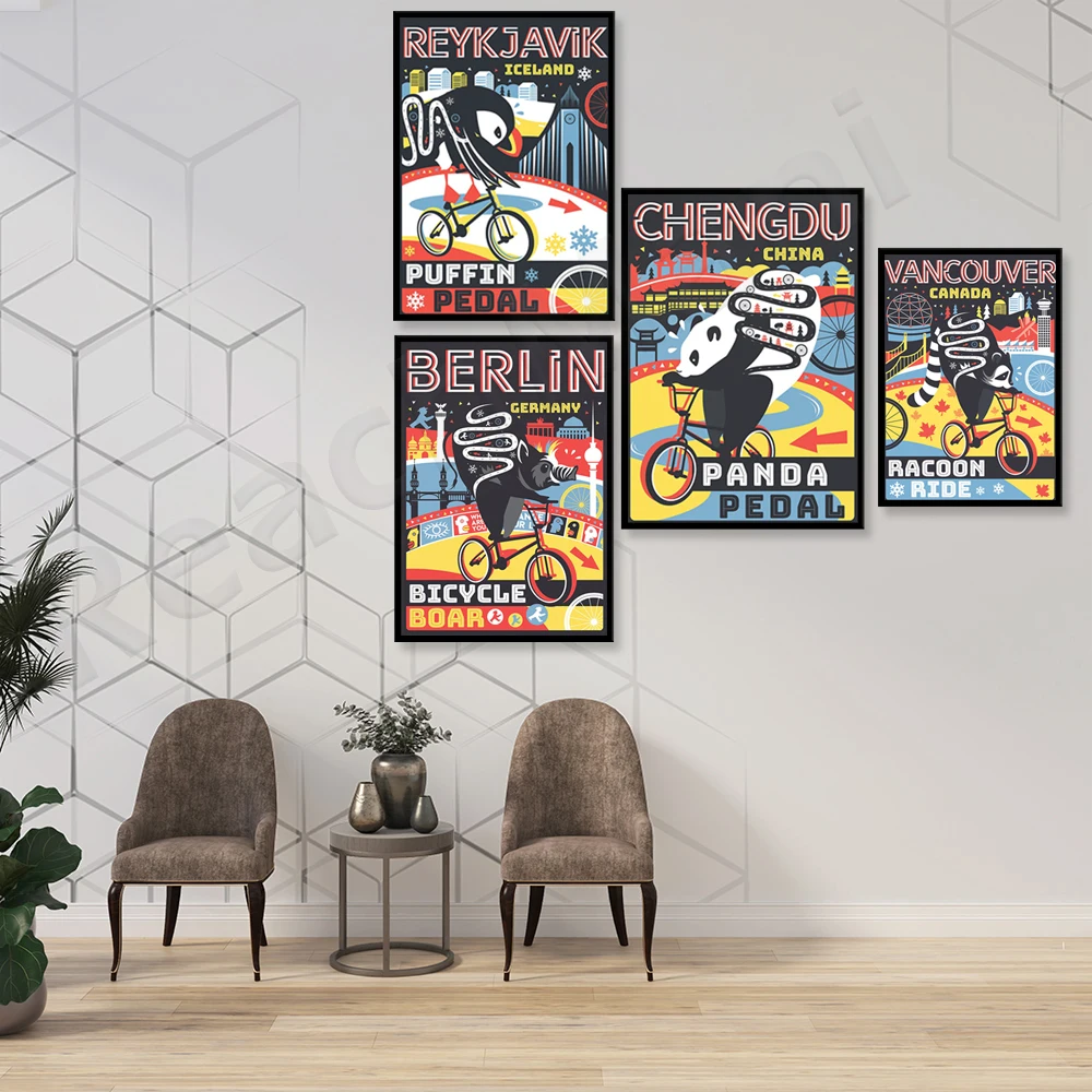 Плакат с велосипедом Берлин дикий кабан животное Чэнду панда катание постер