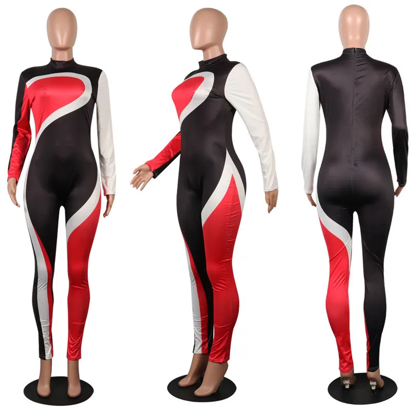 

Women Patchwork Long Sleeve Bodycon Jumpsuit Tracksuit Sexy Skinny Full Bodysuit Casual Rompers Overalls One Piece Outfits