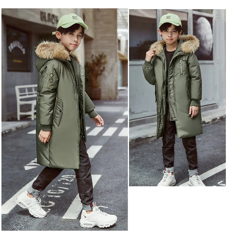 Dollplus/пальто для мальчиков зимняя детская куртка-пуховик длинное плотное зимнее пальто для мальчиков детские куртки на утином пуху для мальчиков, верхняя одежда с меховым воротником