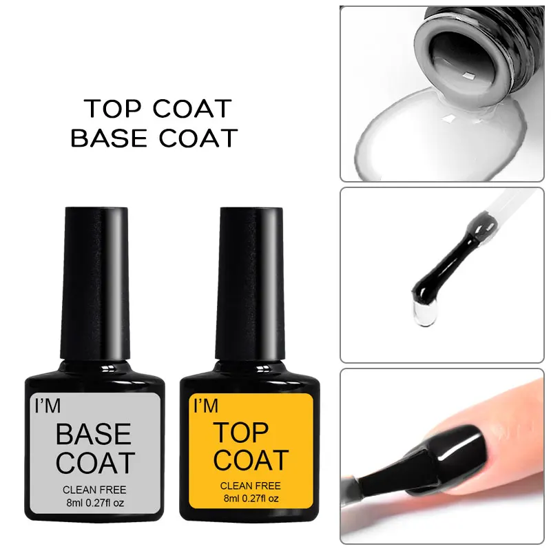

8Ml Top Base Coat Nail Gel Polish No Wipe Primer UV Soak Off Reinforce Semi Permanent Nail Art Gel Varnish for Manicures