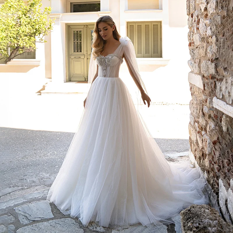 

Exquisite Sweetheart Neckline Sequined Lace Appliques A-Line Wedding Dress Floor Length Illusion Sweep Train Bridal Gowns