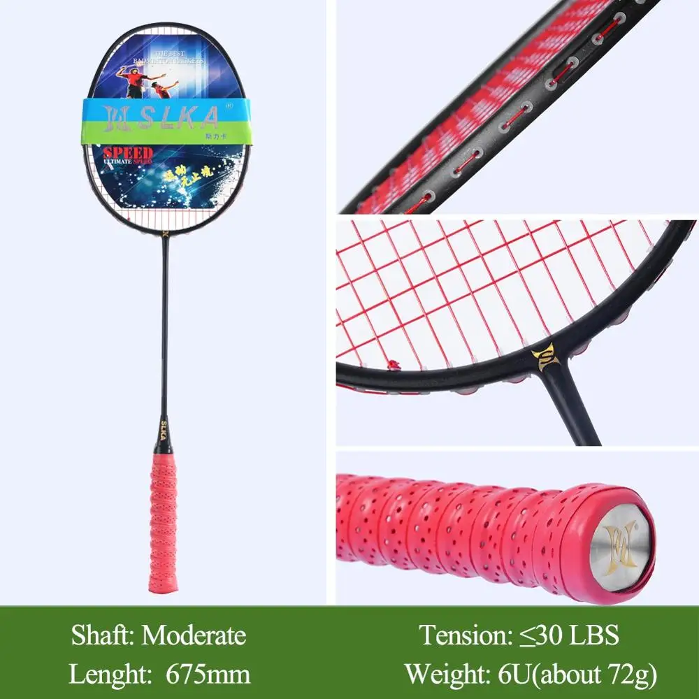 

SLKA 1 Pair Ultralight 6U 72g Strung Badminton Rackets Balanced Full Carbon Badminton Racquet Set 30 LBS free Shuttlecocks