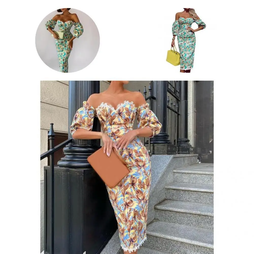 

Stylish Midi Dress Lantern Half Sleeve Comfortable Elegant Floral Print Women Party Dress Evening Dress Bodycon Dress