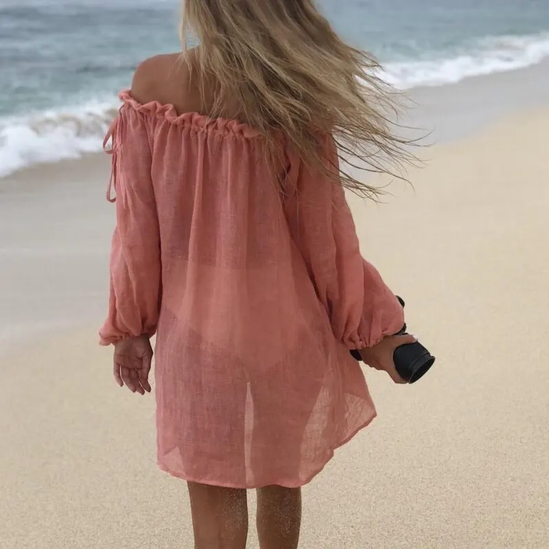 

New Shoulder Beach Dress Bikini Cover Up Solid Sarong Swim Cover-ups Long Sleeve Beachwear Female Tied Tunic Summer Swimwear