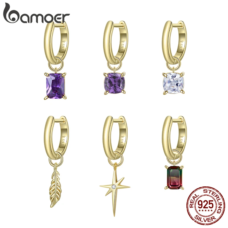 

BAMOER 1PC Drop Earrings for Women 925 Sterling Silver Bright Star Purple CZ Earring with Charms Gold Color Jewelry SCE1093