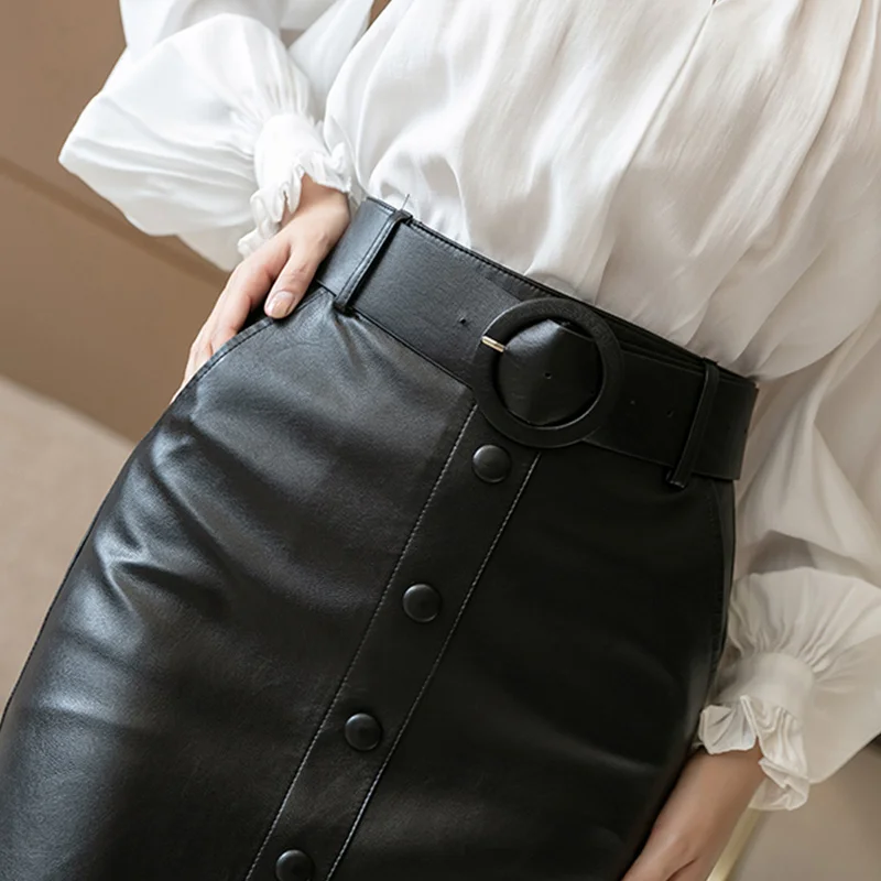 

Women Sashes Package Hip PU Midi Skirts Autumn Winter A-Line Split Button Pocket Skirt With Belt 2020 Slim Korean Lady Bottoms