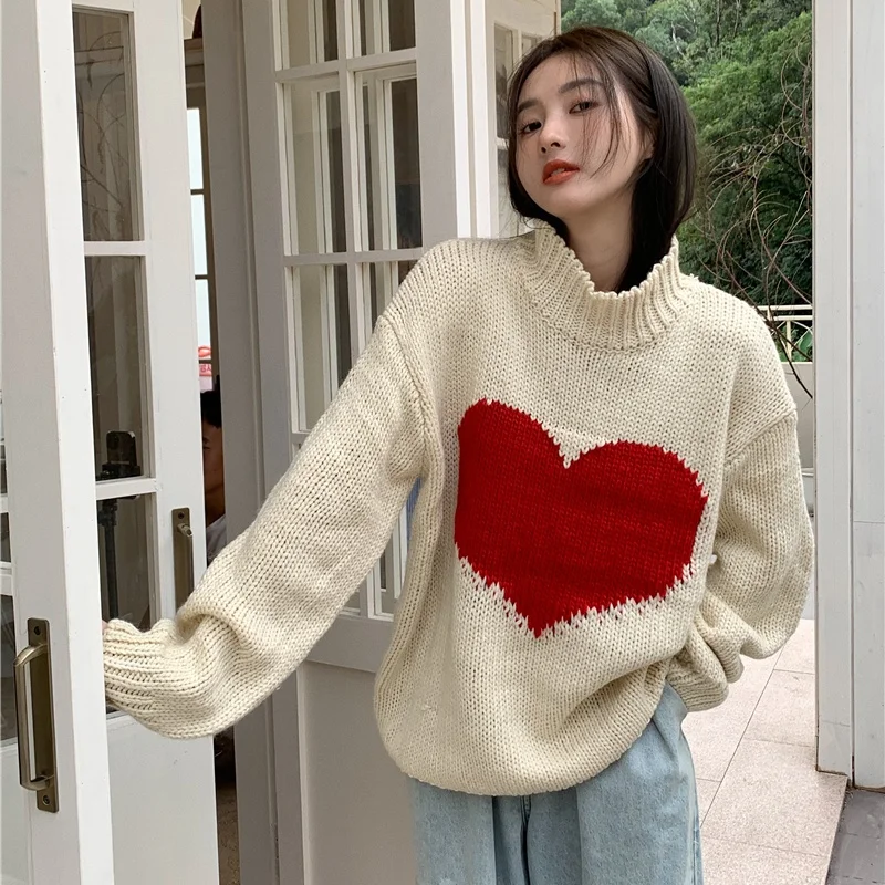 Зимний милый свитер с вышивкой в форме сердца винтажный пуловер стиле Харадзюку