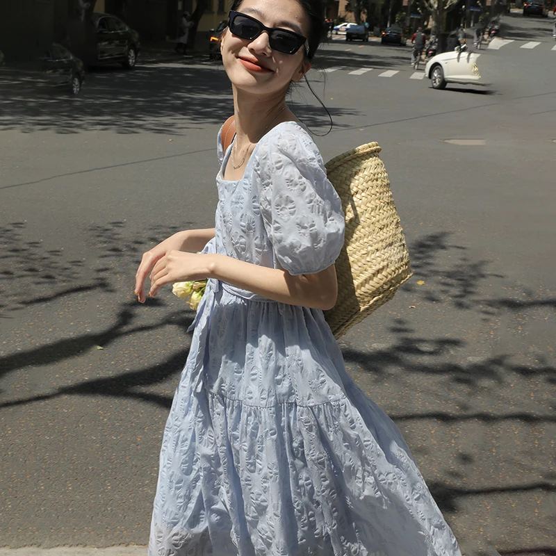 

GALCAUR Pullover Vintage Dress For Women Square Collar Puff Short High Waist Print Mid Dresses Female Fashion Clothes 2021 Style