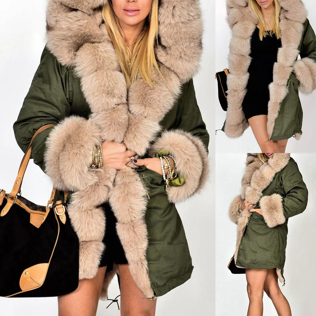 Женская куртка с капюшоном и меховым воротником теплая Длинная ветровка
