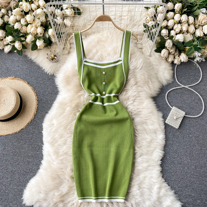 

Woman Pearl Button Knit Mini Dress Women Summer Sleeveless Square Neck Tank Dress Contrat Color Trim Sexy Bodycon Dress