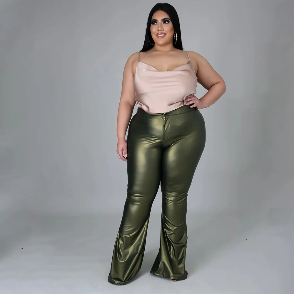 Ladies Plus Size Skinny Trousers Pu Leather Flared Pants Solid Color Fashion High Waist Sexy Mother Pants Flared Pants XL-5XL