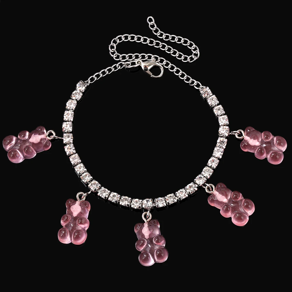 

New Sweet Cute Bear Pendant Crystal Tennis Chain Ankles for Women Fashion Transparent Acrylic Animal Charm Foot Chain Jewelry